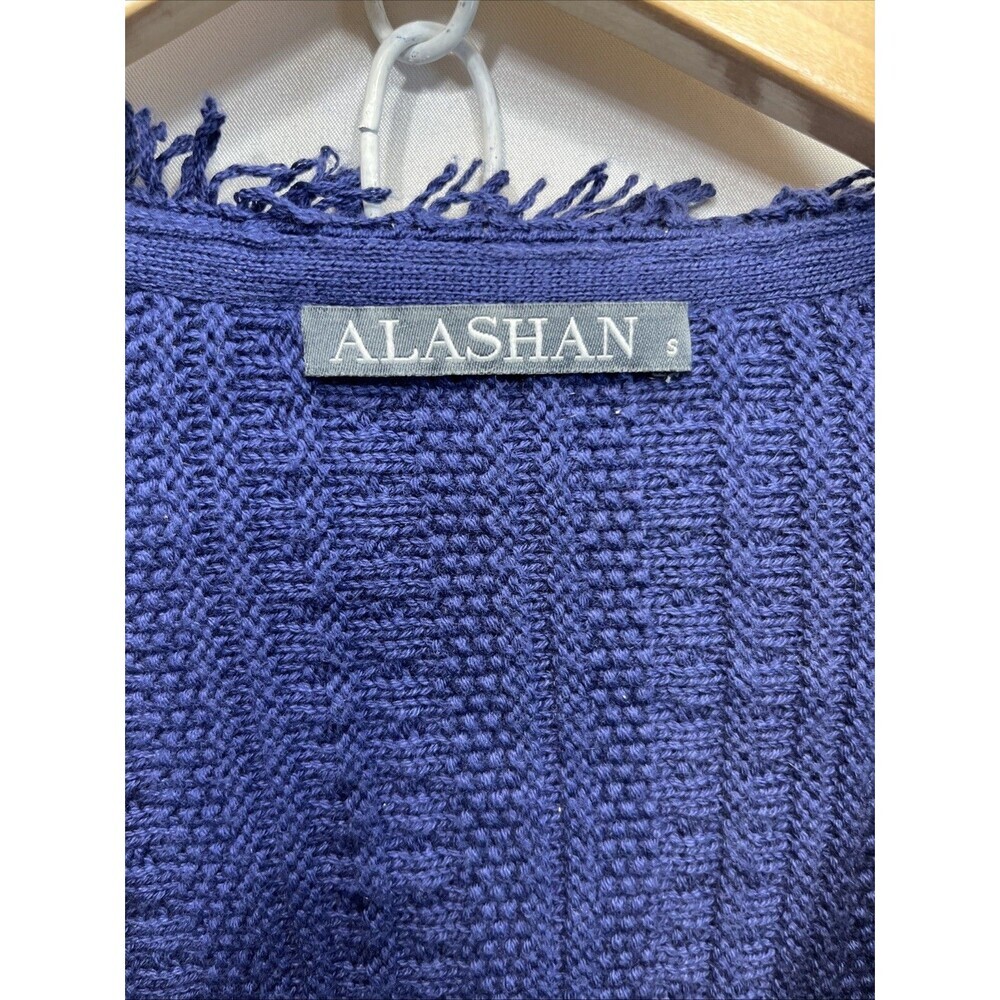 Alashan Cotton Cashmere Cardigan Small Sapphire Blue Fringe Boho Hook Eye - Picture 3 of 13